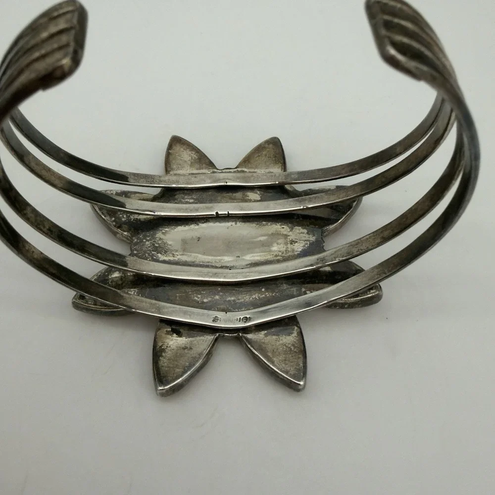 Vtg Sterling Silver Multi Stone Inlay Large Flower Cuff Bracelet One of a Kind